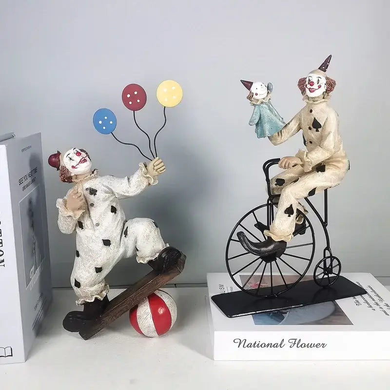 Whimsical cream circus clown joker figurine set featuring two colorful clown joker figurines for living room decor
