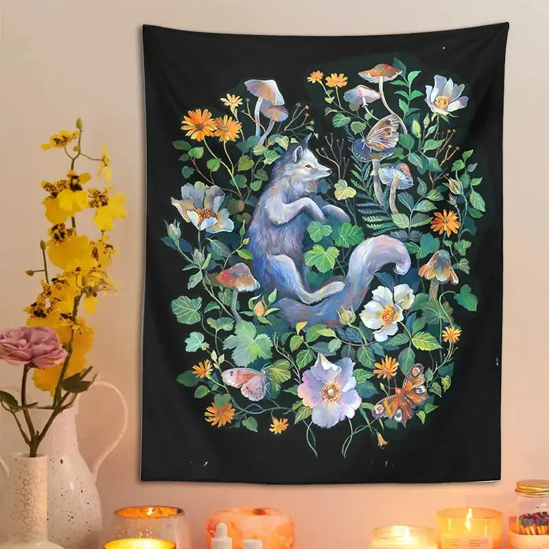 Black tapestry featuring a whimsical blue-gray fox in a vibrant floral garden tapestry for decorbites botanical floral decor