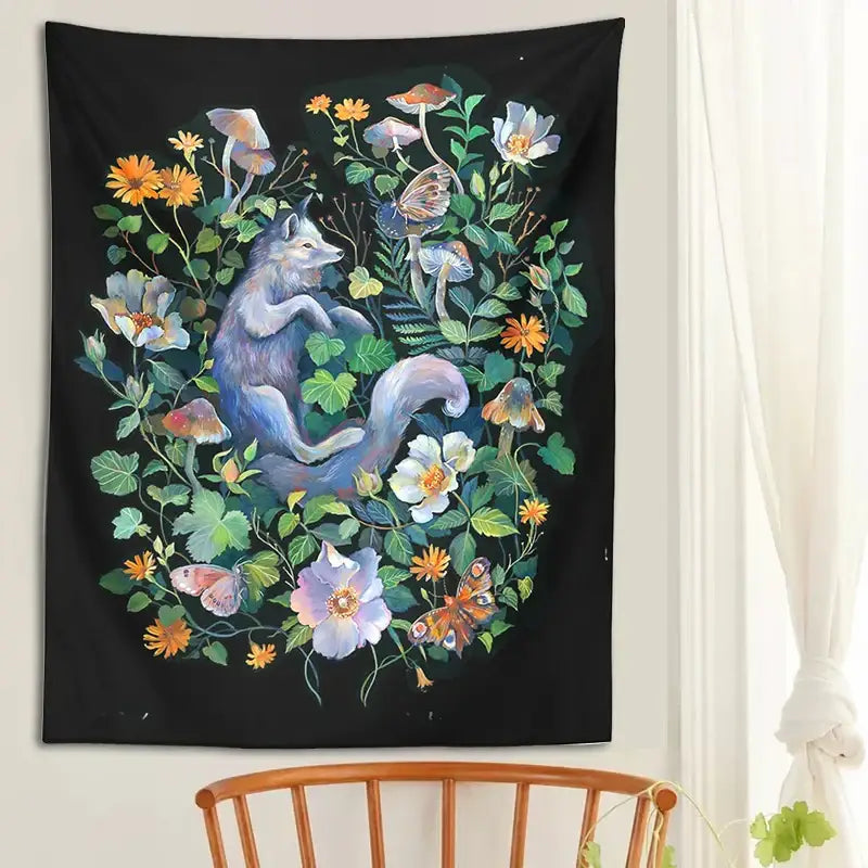 Black tapestry featuring a whimsical blue-gray fox with vibrant orange flowers and foliage botanical floral garden decorbites