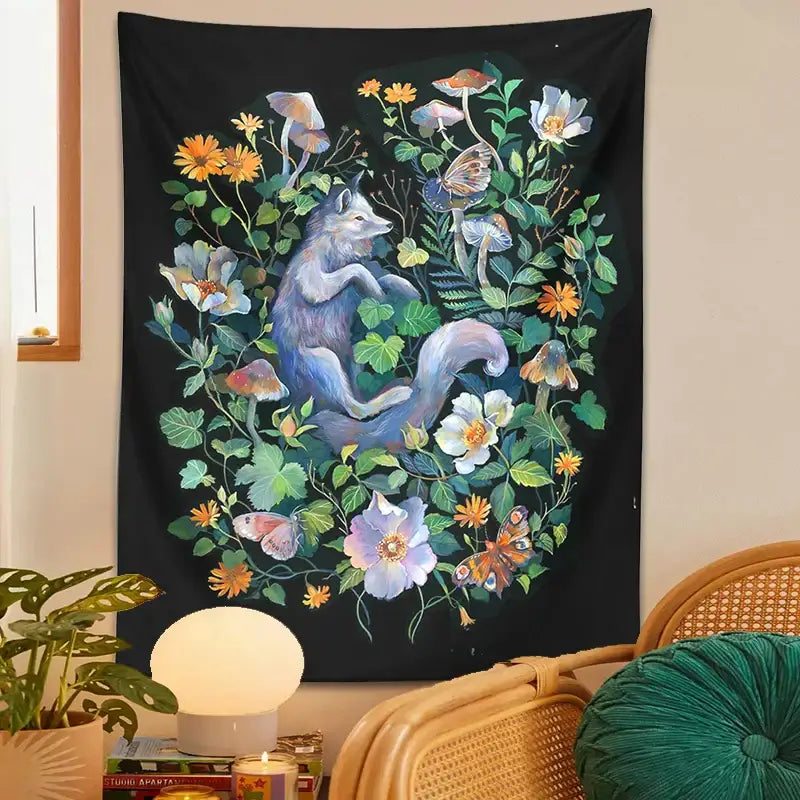 Black tapestry decorbites botanical floral garden featuring a blue-gray wolf with flowers mushrooms and butterflies