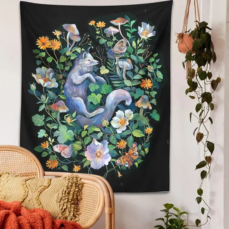 A black tapestry featuring a blue-gray fox with vibrant foliage and flowers for decorbites botanical floral decor