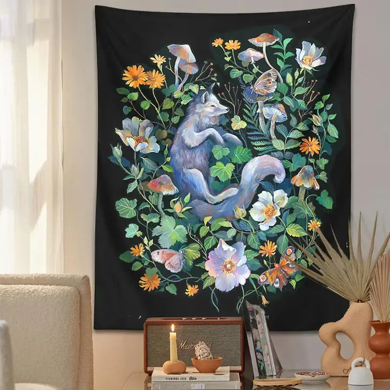A black floral garden tapestry with a blue-gray wolf and vibrant flowers for decorbites botanical floral decor