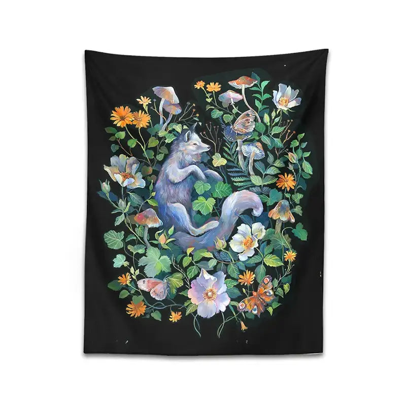 Black tapestry decorbites botanical floral featuring a blue-gray fox with orange flowers for bedroom wall decor