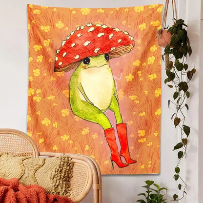Whimsical orange cute frog cartoon tapestry featuring a green frog in red boots holding a spotted mushroom for bedroom decorbites cute frog wall decor