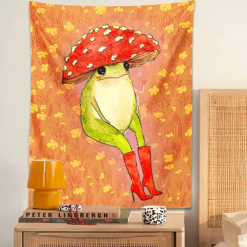 Whimsical orange cute frog cartoon tapestry featuring a green frog with red boots holding a mushroom for bedroom decorbites decor