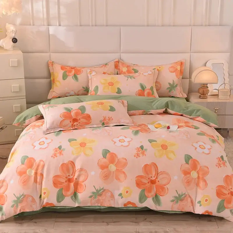 Pastel peach and yellow floral decorbites cotton thickened bedding set with green accents for bedroom decor