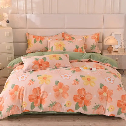 Pastel peach and yellow floral decorbites cotton thickened bedding set with green accents for bedroom decor