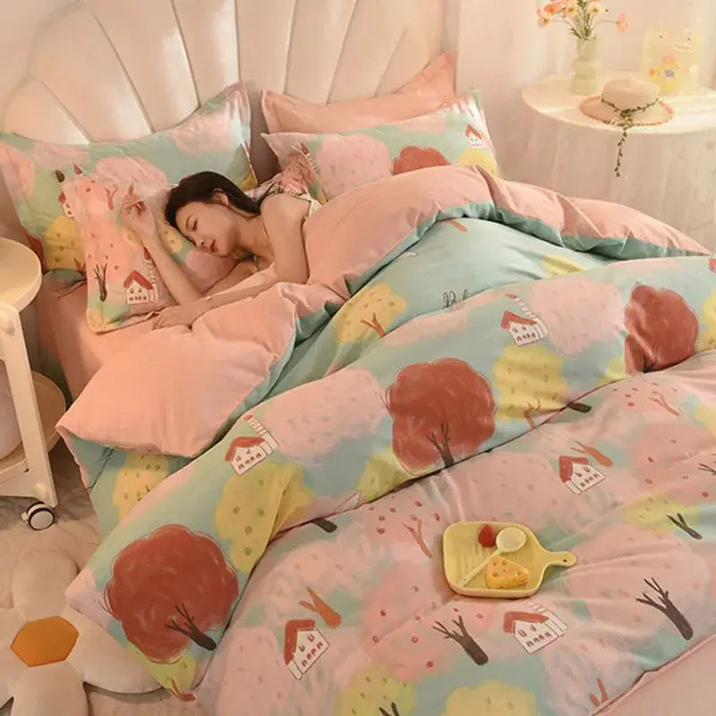 Pastel-colored bedding set with whimsical tree and house pattern in soft pink mint green yellow and brown decorbites cotton thickened