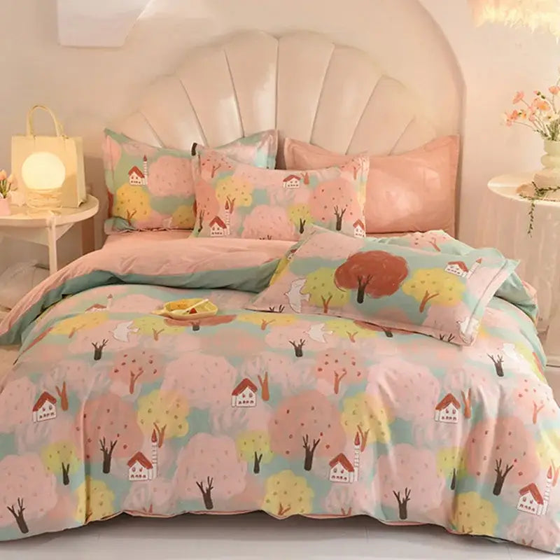 Pastel-colored bedding set with whimsical trees and houses in soft pink yellow and green decorbites cotton thickened cotton thickened bedding