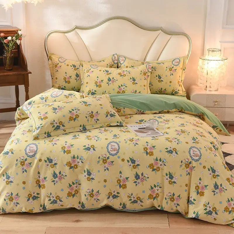 Yellow floral bedding set with pastel pink blue green blossoms on soft cotton thickened fabric for bedroom decorbites decor