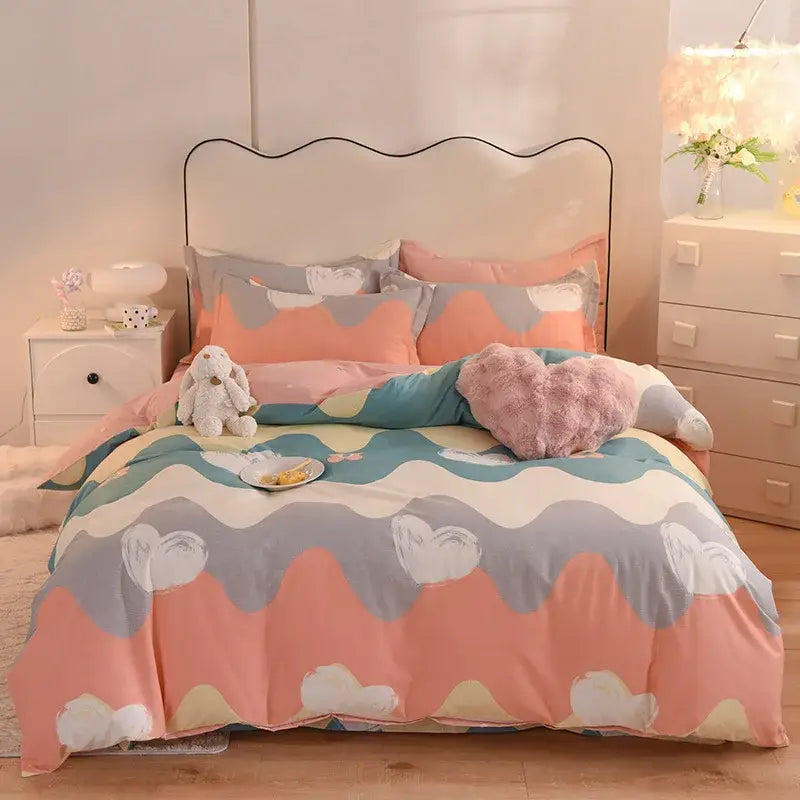 Pastel-colored cloud-patterned cotton thickened bedding set in pink teal and gray for whimsical bedroom decorbites decor