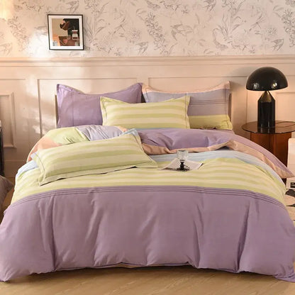 Pastel purple and pale green striped cotton thickened bedding set with soft quilted texture for whimsical bedroom decor