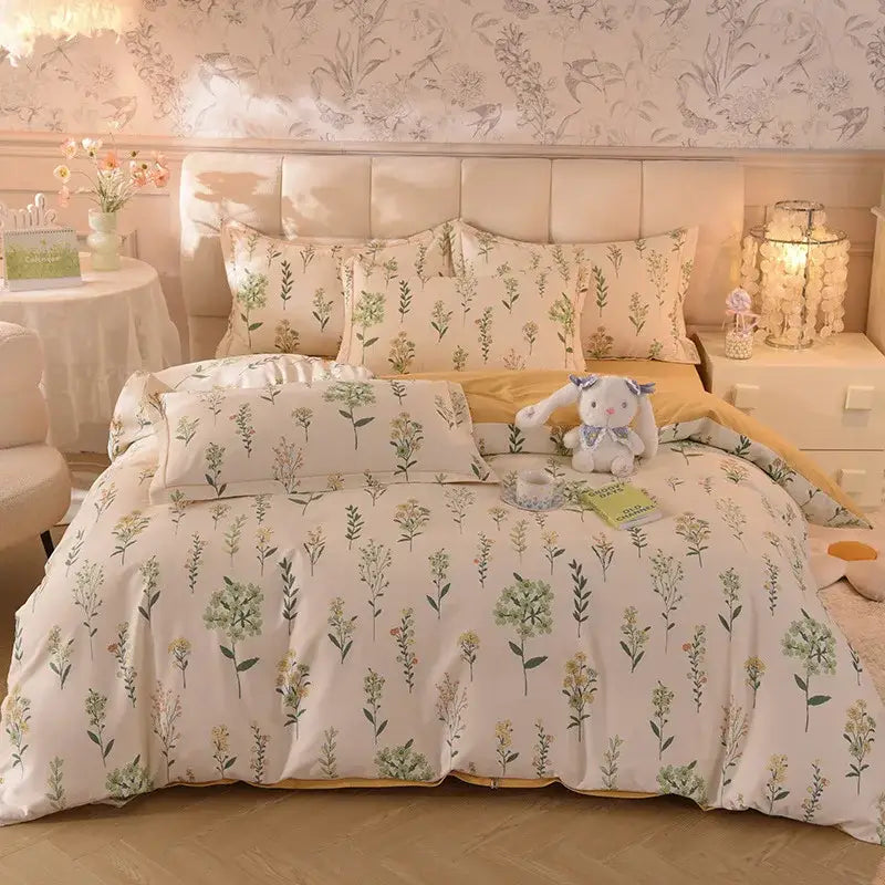 Cream-colored cotton thickened bedding set with delicate botanical print and quilted headboard for whimsical decorbites decor