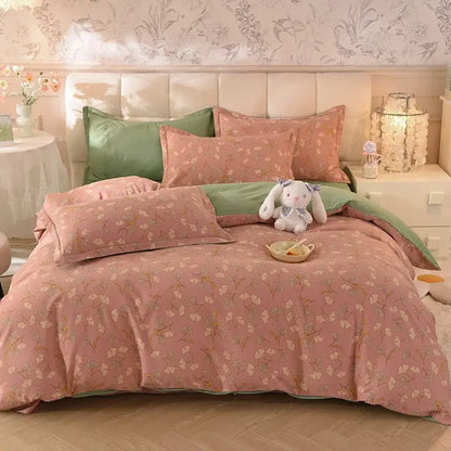 Whimsical pastel mint decorbites cotton thickened bedding set in pink floral pattern with green accents and plush bunny toy