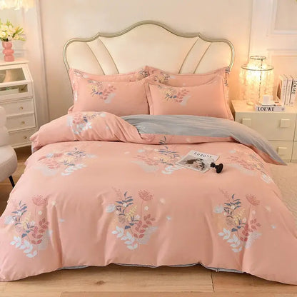 Pink floral-patterned bedding set with soft cotton thickened fabric and subtle gray trim for whimsical pastel mint decorbites bedroom decor