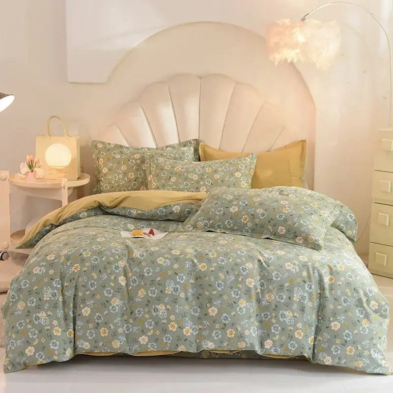 Whimsical pastel mint cotton thickened bedding set in soft sage green with floral design and cozy mustard-yellow lining decorbites cotton thickened