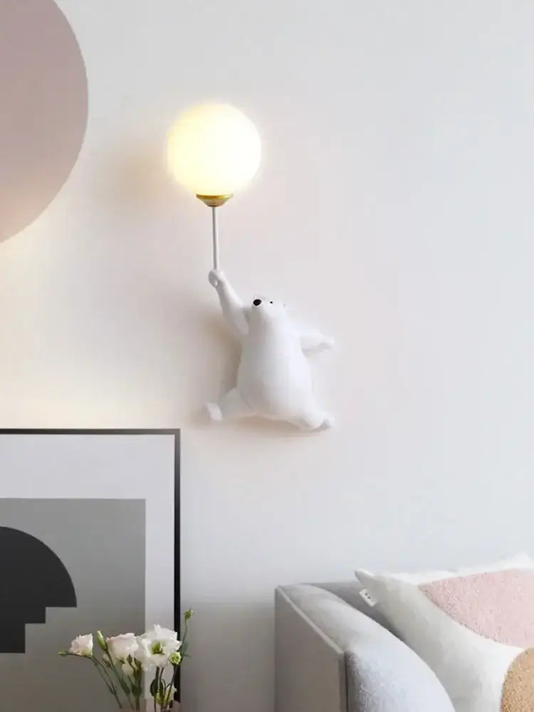 White polar bear kids wall lamp with gold base and frosted glass lampshade in whimsical wall lamp set