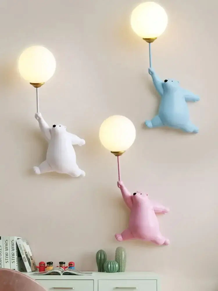 Whimsical pink blue and white bear kids wall lamp set featuring pastel bear sconces with glossy bulbs on metallic arms