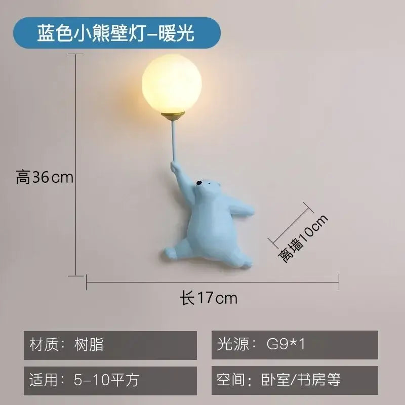 Light blue resin polar bear kids wall lamp with spherical warm white bulb in whimsical pink blue and white wall lamp set