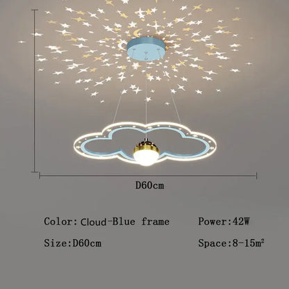 Whimsical pink and gold cloud flower led chandelier with blue frame and glowing starry light projection for decorbites cloud flower decor