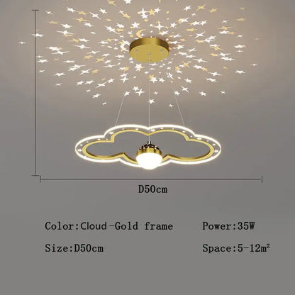 Gold-framed pink cloud flower led chandelier with starry night projection for whimsical bedroom decorbites cloud flower