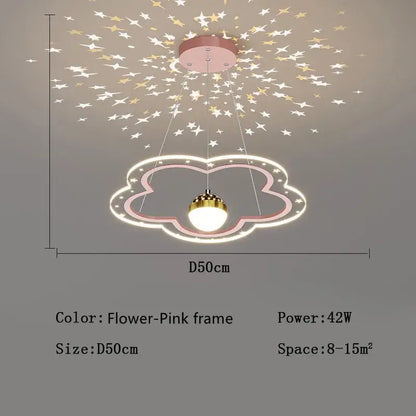 Whimsical pink and gold cloud flower led chandelier with glowing white led frame casting starry patterns by decorbites cloud flower