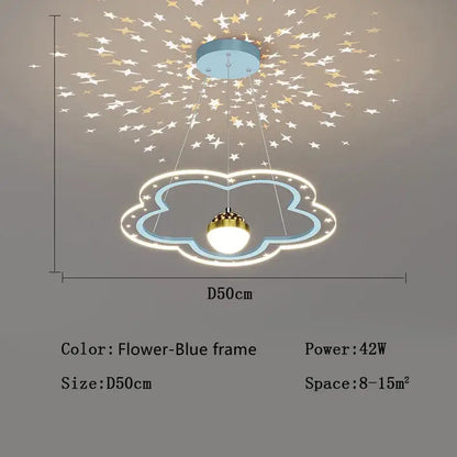 Whimsical pink and gold decorbites cloud flower led chandelier with a glowing starry projection and warm golden bulb