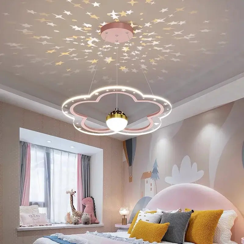 Whimsical pink and gold cloud flower led chandelier with glowing led ring and star projection for bedroom decorbites cloud flower