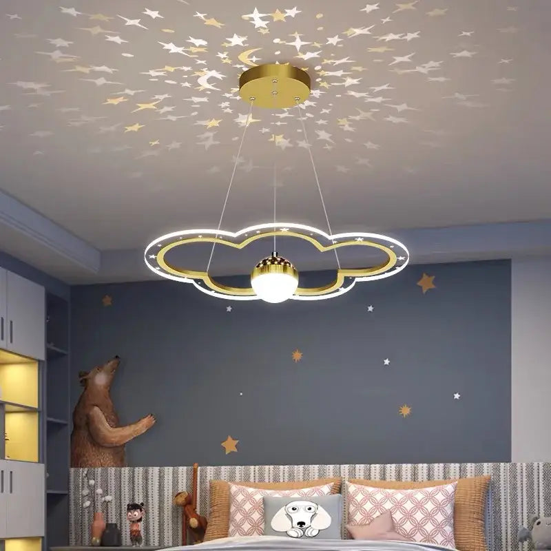 Gold-toned cloud flower led chandelier with glowing bulb and starry projection for whimsical bedroom decorbites cloud flower light