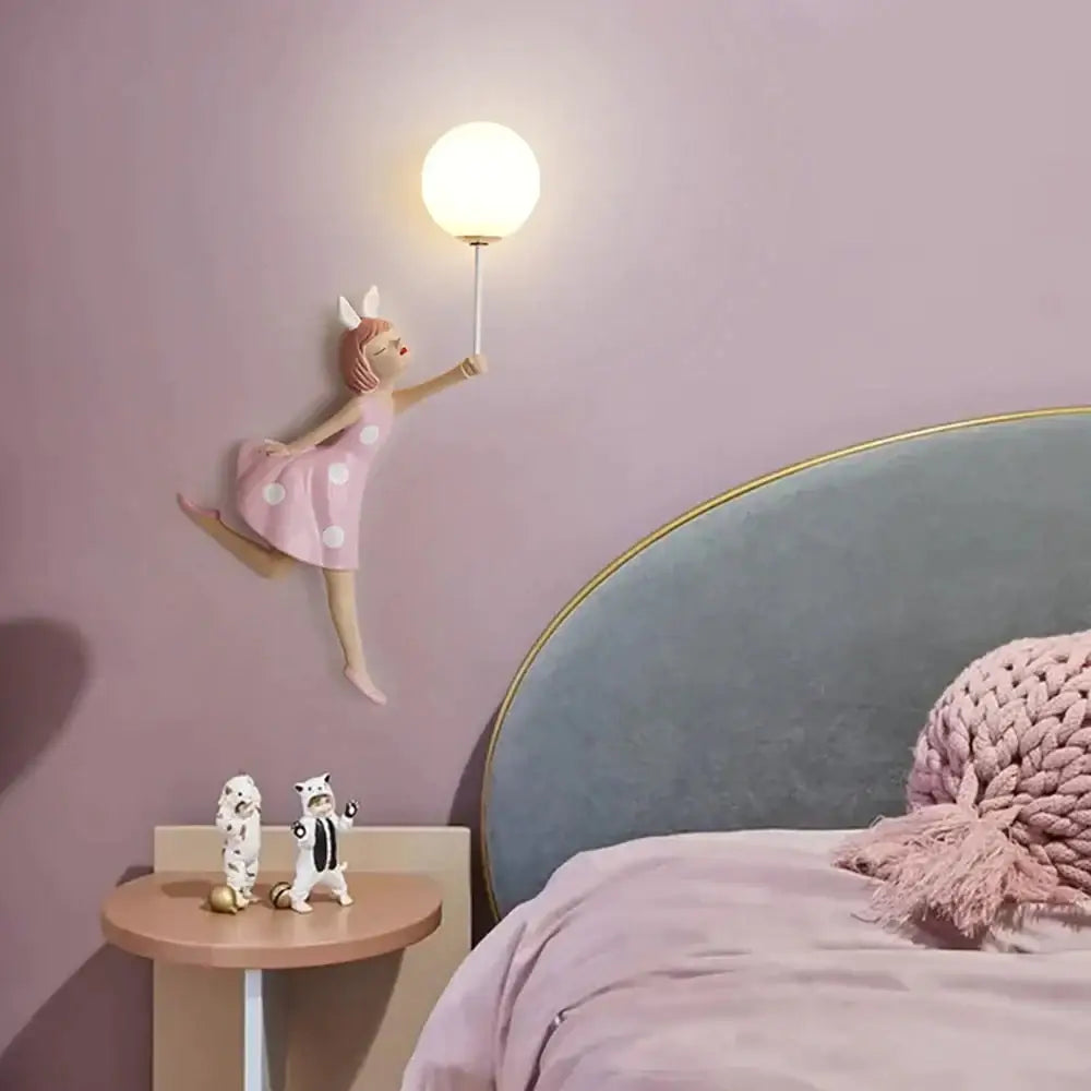 Whimsical pink polka dot fairy girl wall lamp with round frosted glass globe for bedroom wall lamp decor