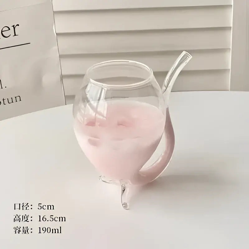 A clear glass vampire cocktail glass cup with curved handle and three feet filled with pink liquid for dining decor