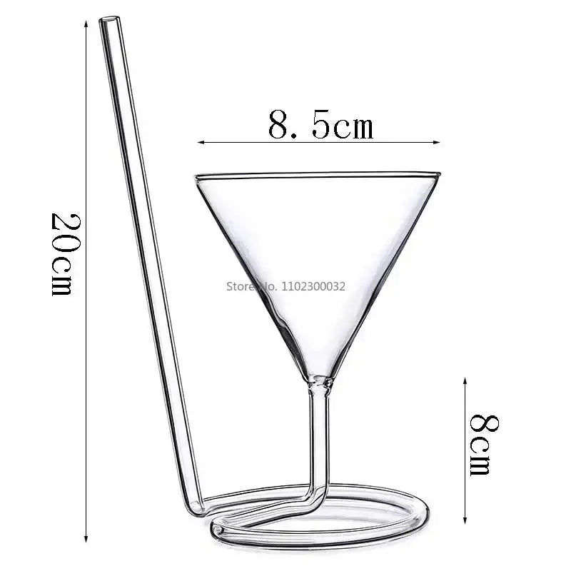 Clear glass vampire cocktail glass cup with matching straw featuring a sleek conical shape and sturdy circular base