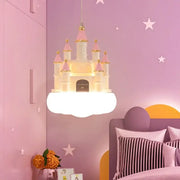 Whimsical pink and white castle kids chandelier led with gold accents suspended in pastel purple bedroom decorbites castle kids