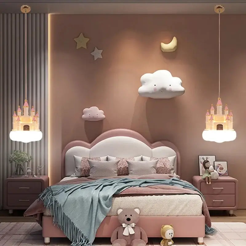 Pink cloud-shaped wall decor with smiling face and soft white texture for decorbites castle kids chandelier led bedroom light