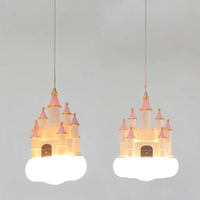 Two pink and gold castle kids chandelier pendant lights with cloud bases and warm glow for bedroom decorbites castle kids decor