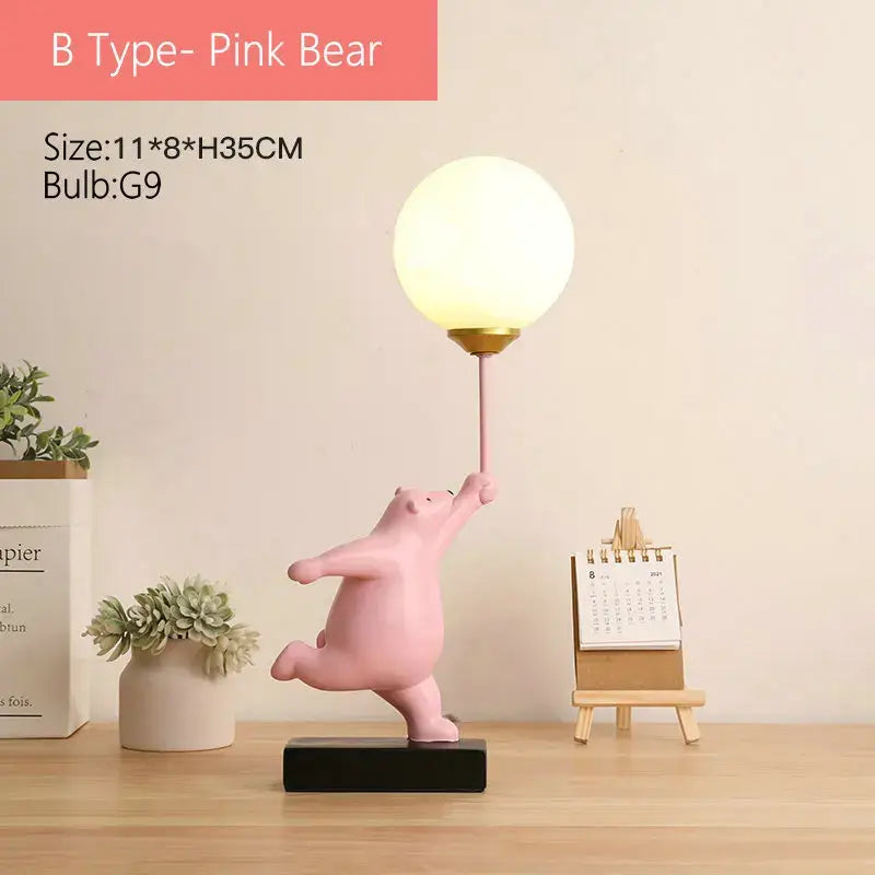 Pink bear moon lamp desk lamp with frosted glass bulb and gold-toned base for whimsical bedroom lighting