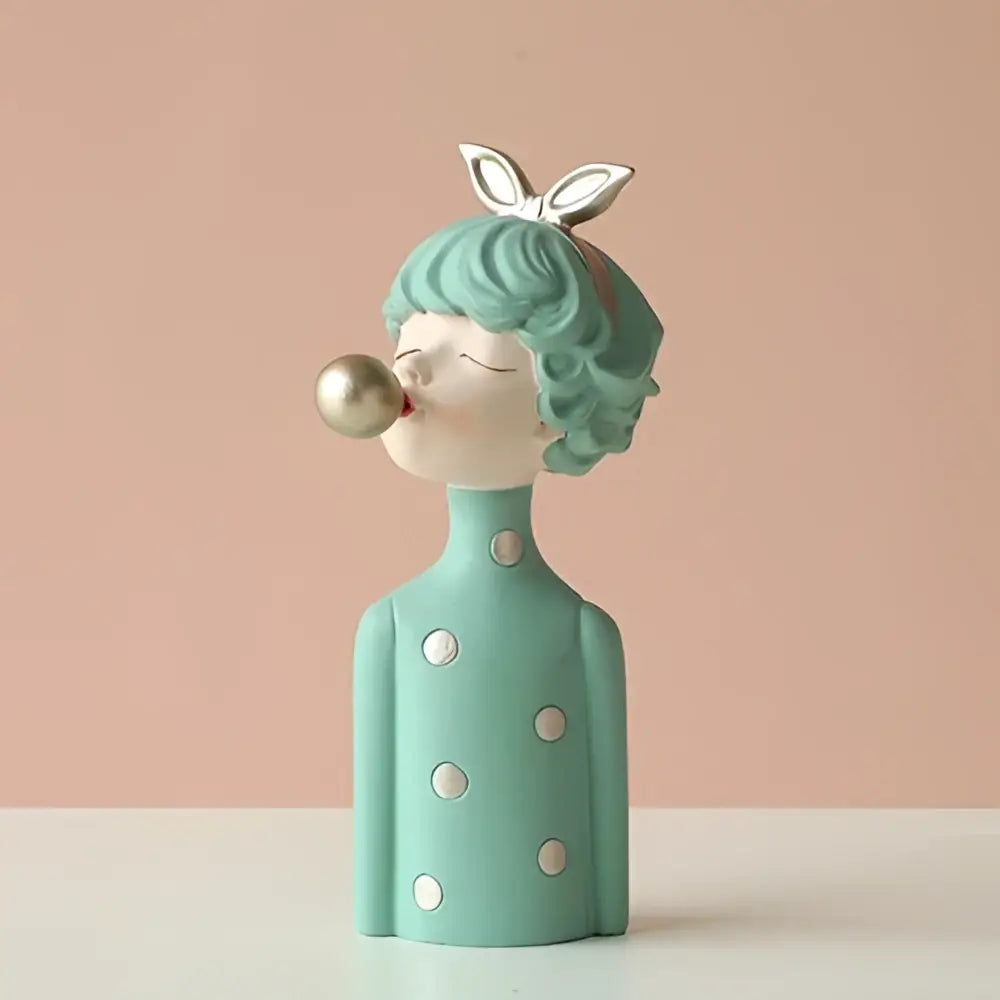 Turquoise polka dot bubble girl resin figurine with silver bunny accessory and metallic bubble for living room decor