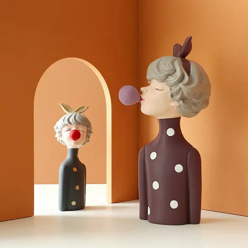 Polished ceramic bubble girl resin figurine with gray curly hair white polka dots dark brown dress for living room decor
