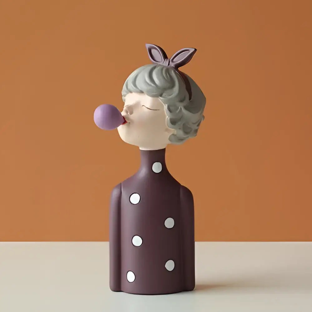 Purple polka dot bubble girl resin figurine with gray curly hair and bunny ears for living room decor