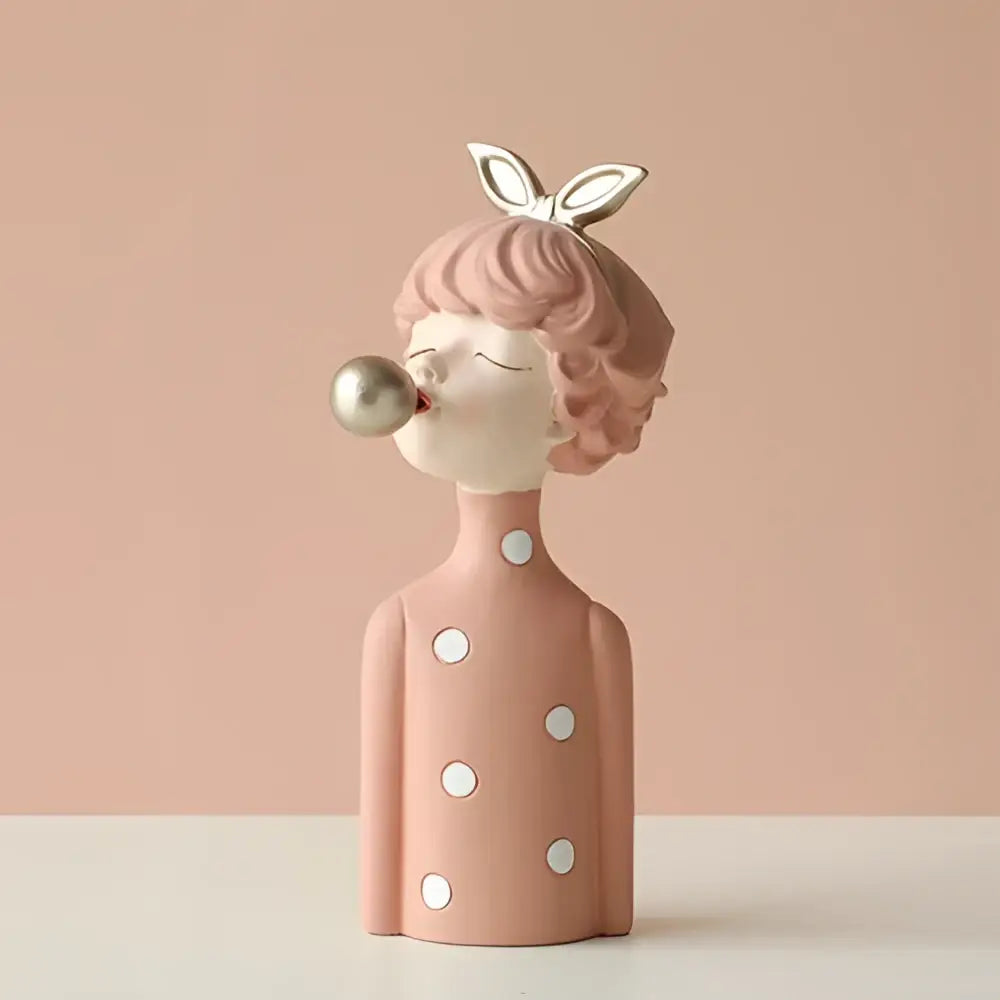 Pink polka dot bubble girl resin figurine with bunny ears blowing a silver bubble for living room decor