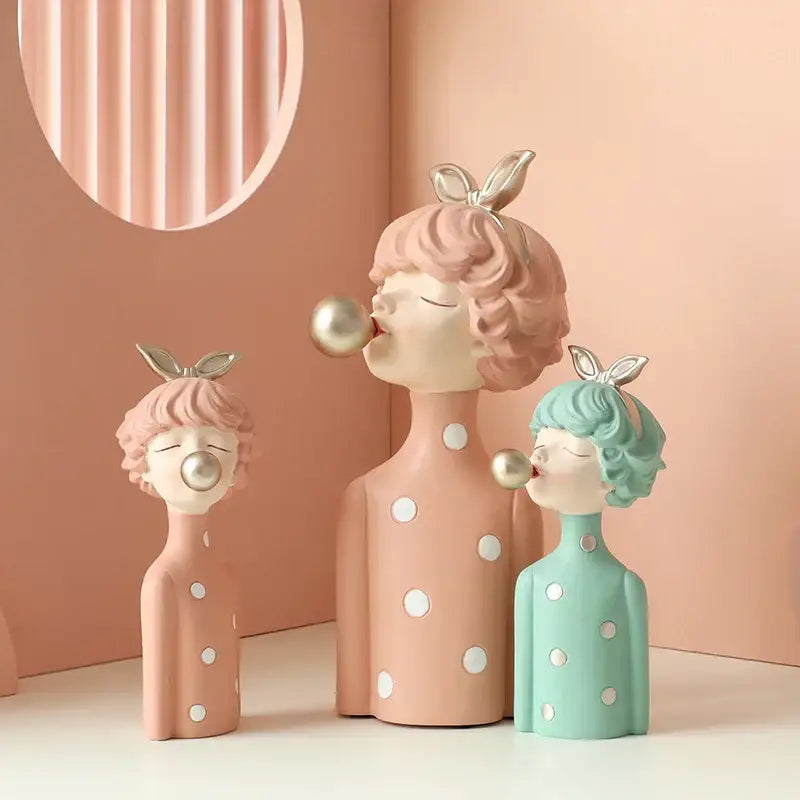 Pastel-colored bubble girl resin figurines with metallic bunny ears and polka-dot dresses for living room decor