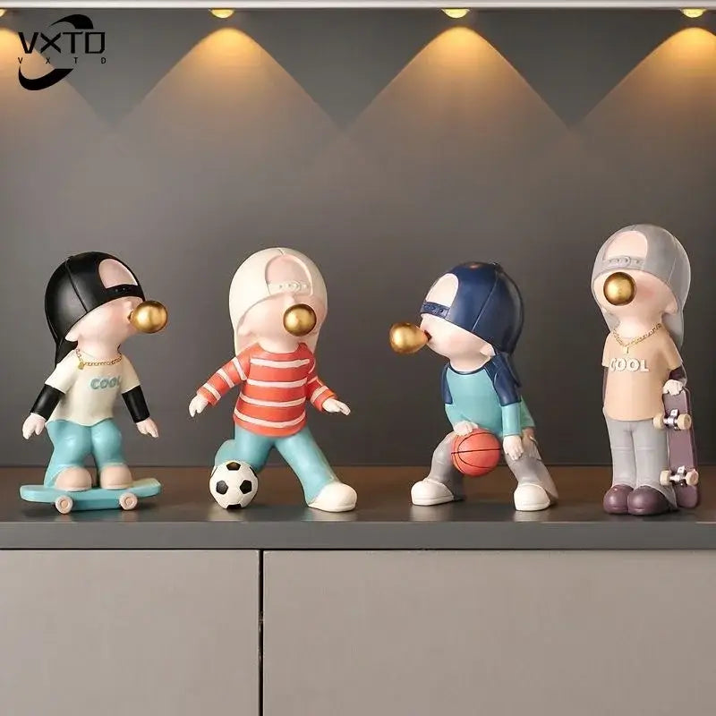 Set of four whimsical resin boys sports statues with gold nose pieces by decorbites for bedroom decor