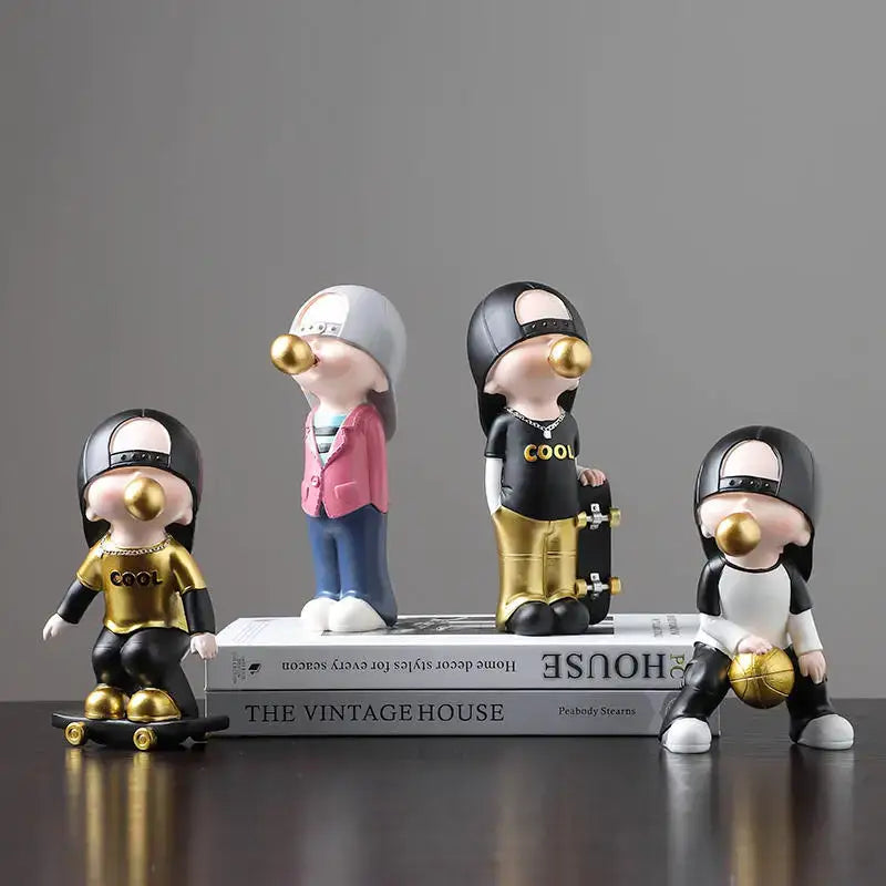 Whimsical resin decorbites boys sports statues set featuring four casual figurines with gold bubblegum for bedroom decor