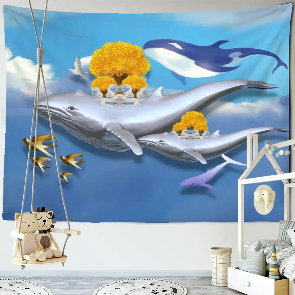 Whimsical teal and white dream whale tapestry wall hanging with golden trees and birds for kids room decorbites dream whale decor