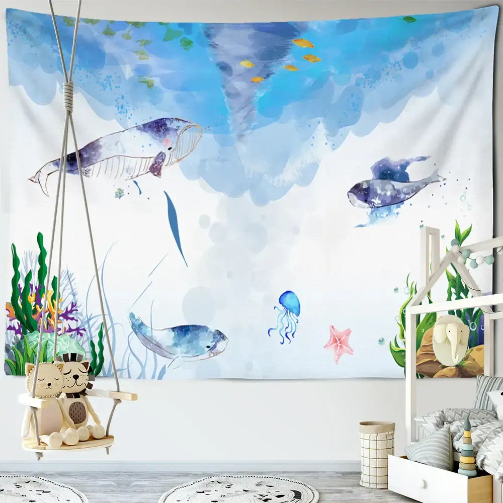 Whimsical teal and white dream whale tapestry wall hanging featuring watercolor ocean decorbites dream whale design