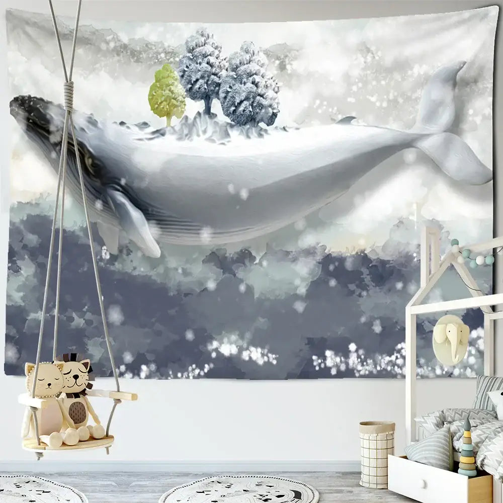 Soft gray dream whale tapestry wall hanging with teal and white snow-covered trees for kids room decorbites dream whale decor