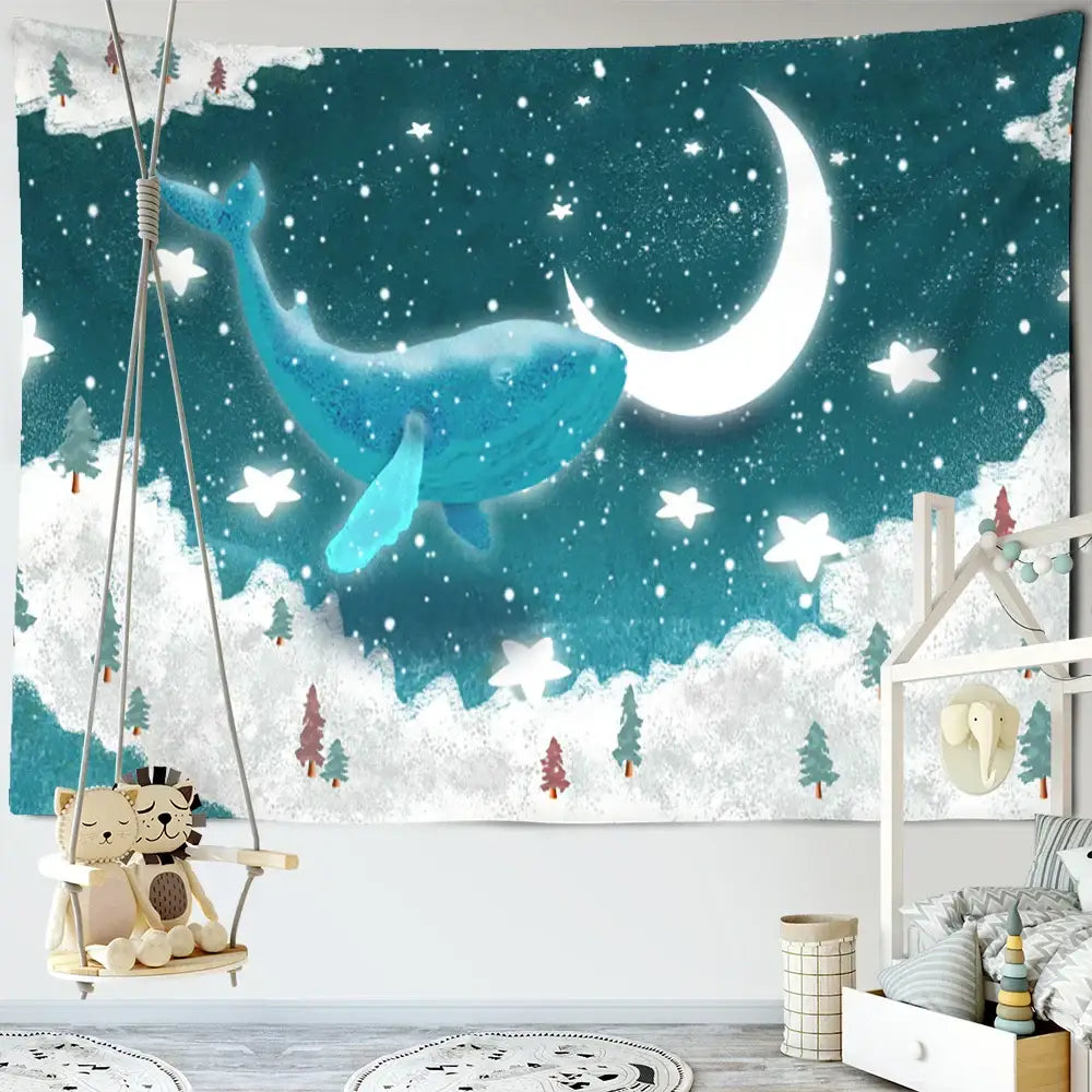 Whimsical teal and white dream whale tapestry wall hanging featuring a floating blue whale with mountains and pine trees for kids room decorbites decor
