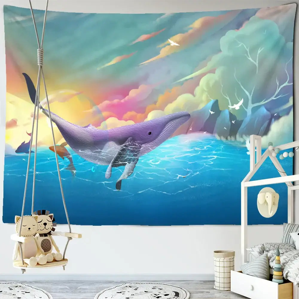 Whimsical teal and white dream whale tapestry wall hanging featuring a purple whale swimming through turquoise waters decorbites dream whale decor