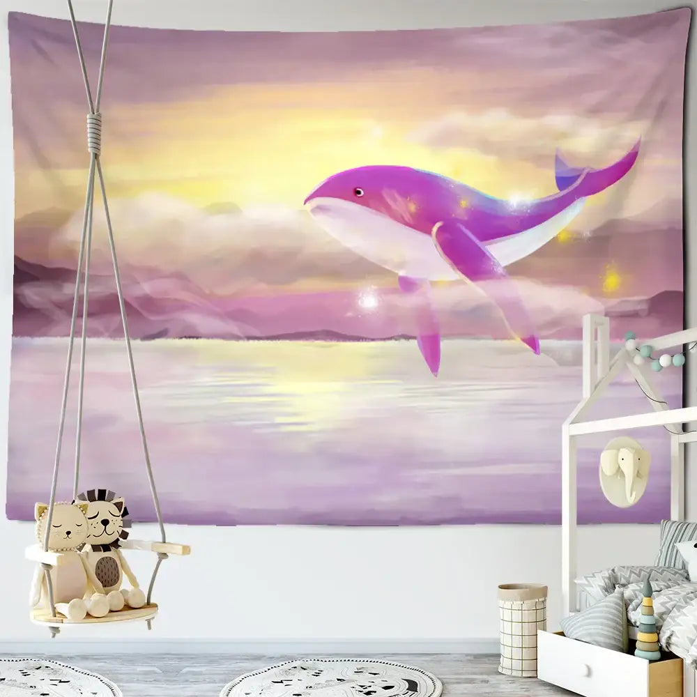 Whimsical teal and white dream whale tapestry wall hanging features a vibrant purple and white whale on a soft watercolor sunset backdrop