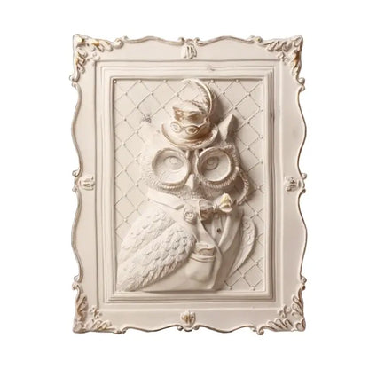 Antique white ornate wall decoration frame with detailed 3d owl relief wearing glasses and top hat for bedroom decor